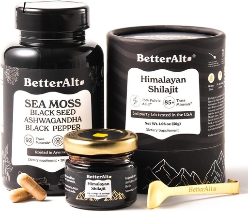 [BRSROBQECJ5BEG3H] Better Alt Shilajit Resin 30 gm & Sea Moss Capsules Energy Duo| Pure Himalayan Shilajit Gold Grade for Men & Women with High Potency & Irish Sea Moss with Black Seed Oil