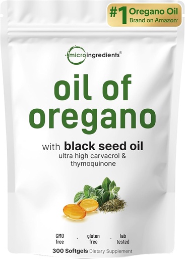 [BRSRMCQQBAMBMHLO] Micro Ingredients Oil of Oregano Softgels, 300 Count | 2 i 1 Formulerad med Black Seed Oil, 4X Strength Carvacrol & Thymoquinone | Plant Based, Non-GMO, & Immune Support