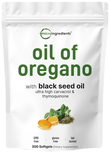 [BRSRMCQQBAMBMHLO] Micro Ingredients Oil of Oregano Softgels, 300 Count | 2 in 1 Formulated with Black Seed Oil | 4X Strength Carvacrol & Thymoquinone | Plant Based, Non-GMO