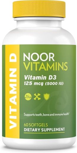 [BRSWIEYPOIAACYDA] Noor Vitamins Halal Vitamin D, Halal Vitamin D3, 5000 IU Softgels, Supports Bone, Immune & Heart Health, from Safflower Oil to Maximize Absorption, Non-GMO, Gluten Free & Halal (60 Count)…