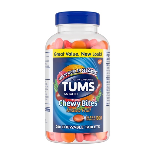 [BRSRM2T3CB5A4HQ3] TUMS Chewy Bites Chewable Antacid Tablets for Ultra Strength Heartburn Relief, Great for a Summer BBQ- Mixed Fruit - 200 Count