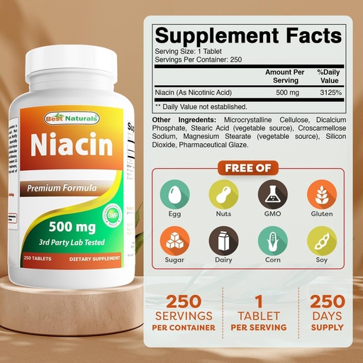 [BRSROALYAENRGE3A] Best Naturals Niacin 500mg 250 Tablets with Flushing - Also Called Vitamin B3 (250 Count (Pack of 2))