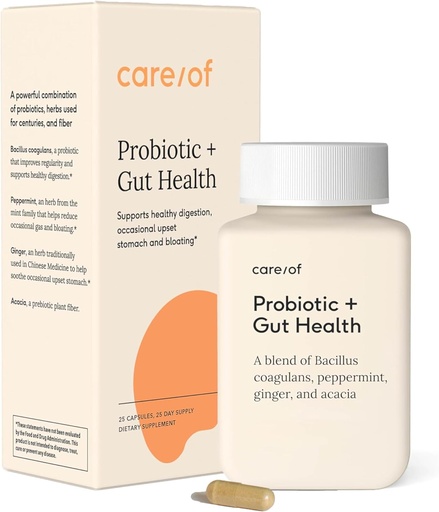[BRSROZQ7DINR433H] Care/of Probiotic + Gut Health Supplement for Women & Men - FREE Wellness Tracker APP - Digestive Support to Relieve Occasional Gas & Bloating - Sugar-Free, No Fillers, Certified C.L.E.A.N. - 25 Count