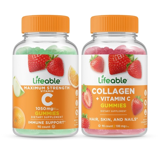 [BRSROFIEAAJWYYDA] Lifeable Vitamin C 1050mg + Collagen & Vitamin C, Gummies Bundle - Great Tasting, Vitamin Supplement, Gluten Free, GMO Free, Chewable Gummy