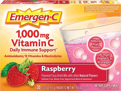 [BRSWIBACCECWGEL2] Alacer Emergen-C Vitamin C Fizzy Drink Bland bringebær - 1000 Mg - 30 Pakker