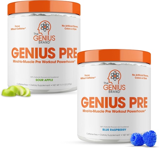 [BRSROZL6PMMGOAD6] Genius Pre-Workout Supplement Bundle - Blue Raspberry & Sour Apple - Caffeine-Free/Stimulant-Free