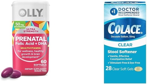[BRSRAYYYAUGR6ELF] OLLY Ultra Strength Prenatal Multivitamin Softgels with Brain Development Support + Colace Clear Stool Softener Capsules, 28 Count