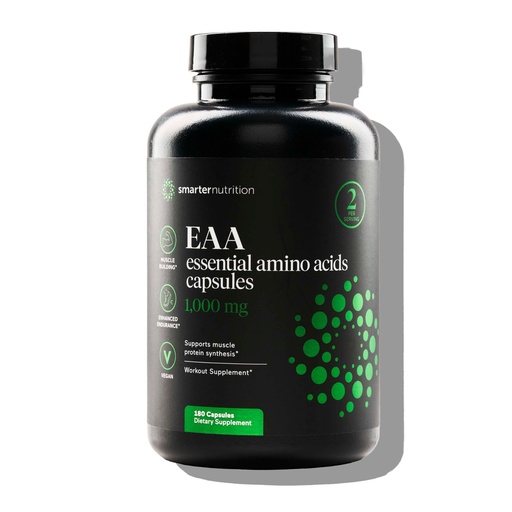[BRSRAAAZCAAWOAL2] SMARTERNUTRITION Essential Amino Acids (EAA) Capsules - 1 Gram Per Serving of All 9 EAAs - Supports Muscle Mass & Exercise - Non-GMO, Vegan, Gluten Free - 180 Count[90-Day Supply]