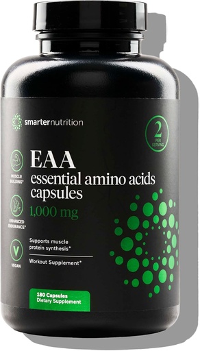 [BRSRAAAZCAAWOAL2] SMARTERNUTRITION Essential Amino Acids (EAA) Capsules - 1 Gram Per Serving of All 9 EAAs - Supports Muscle Mass & Exercise - Non-GMO, Vegan, Gluten Free - 180 Count[90-Day Supply]