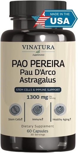 [BRSROAQKCAMGE3LZ] VINATURA Pao Pereira + PAU D'Arco, Astragalus - 1300MG Servindo, USA Made & Tested, Células e soporte inmune, 60 cápsulas
