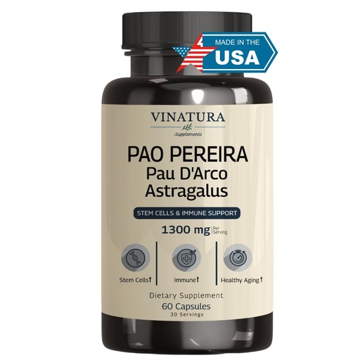 [BRSROAQKCAMGE3LZ] VINATURA Pao Pereira + PAU D'Arco, Astragalus - 1300MG Serving, USA Made & Tested, Stem Cells and Immune Support, 60 Capsules