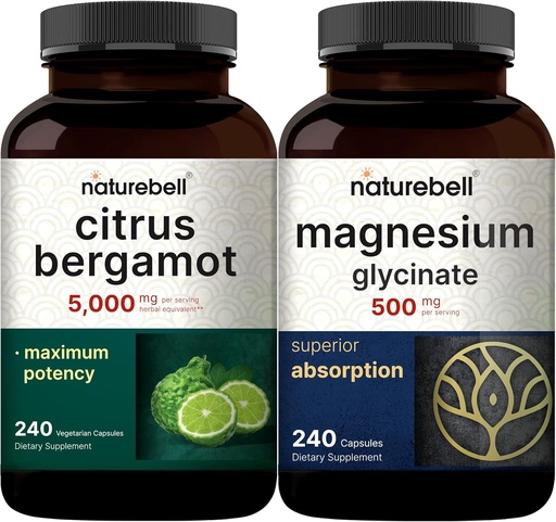 [BRSRAAQZPIFWMDTK] NatureBell Magnesium Glycinate Capsules 500mg " Citrus Bergamot Veggie Capsules 5,000 mg Equivalent Bundle Pack ¦ Chelated & Purified Mineral TEN High Antioxidant Level
