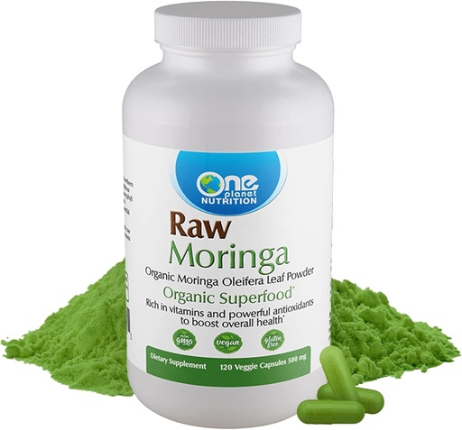 [BRSWKFQCDEJRWDDA] One Planet Nutrition Moringa 500 mg Veggie Capsules (120 Servings), Raw Organic Moringa Leaf, Empaquetado con vitaminas, minerales y proteínas vegetales para el soporte nutricional, no GMO, Vegan, libre de gluten