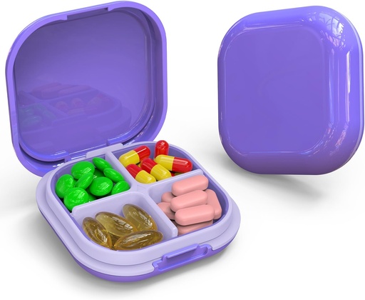 [BRSRAFIOAAPWKALB] Daily Pill Organizer 4 Отделения, Малка кутия за хапчета Portable Travel Pill Case, Мини контейнер за хапчета за почистване Pocket, Compact Travel Medicine Organizer for Vitamin, Код черен дроб масло, Допълнение (Purple)