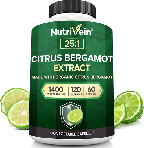 [BRSRMZYQBB6BGE3U] Nutrivein Premium Citrus Bergamot Supplément 1400mg 25:1 Bergamia Extrait - 60 jours d'approvisionnement (120 capsules): puissant agrumes italiens Bergamot 1400 mg+ haute concentration - coeur et système circulatoire