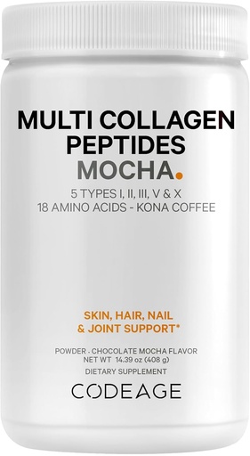 [BRSWGAYNOQIAYDTF] Codaj Multi Colagen Peptides Pulbere de proteine - Ciocolata Mocha Cafea instant - Gourmet Knoa Coffee Drink & Shake - Colagen Tip I, II, III, V & X - Grass-Fed, Hydrolyzed, Non-GMO - 14.39oz