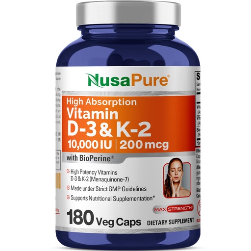 [BRSROFANCMJWCHLZ] NusaPure 250 mg Vitamin D3 & 200 mcg K-2 Capsules, 180 Veg Capsules (Non-GMO, Vegan)