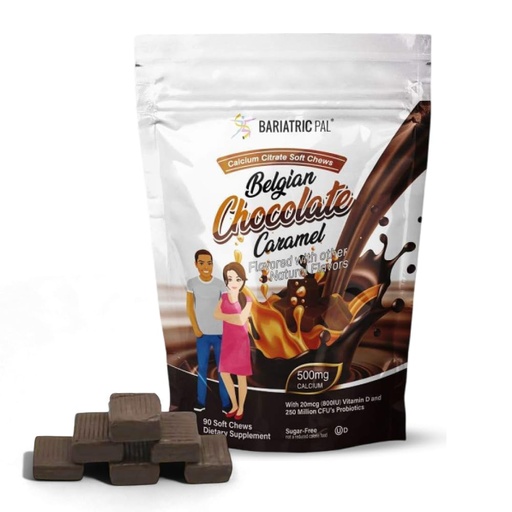 [BRSWYGDYA56GOD3A] BariatricPal Sugar-Free Calcium Citrate Soft Chews | 500mg with Vitamin D & Probiotics | Belgian Chocolate Caramel | 90 Count (1 Month Supply)