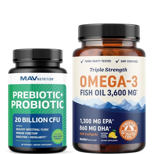 [BRSW2HQNA57QGGY6] Omega 3 Fish Oil and Probiotic Capsules | Triple Strength EPA & DHA Omega 3 Burpless Softgels Plus Probiotic & Prebiotic Capsules for Gut Health & Immune Support | 60 Servings Each