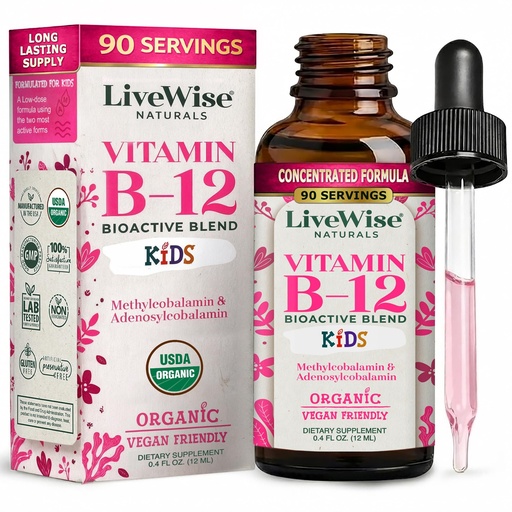 [BRSRAAA5OAMRA3Q7] Live Wise Naturals Organic Vitamin B12 Liquid Drops for Kids – Bioactive Blend with Methylcobalamin & Adenosylcobalamin - Vegan, Non-GMO, USDA Organic, 3 Months Supply, 0.4 FL OZ