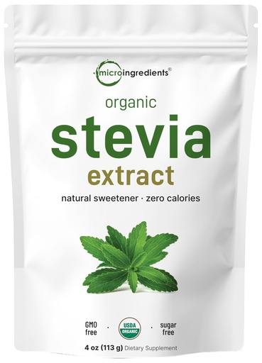[BRSWKFQZCR6BGC3K] Micro Ingredients Pure Organic Stevia Powder, 4 Ounces, 706 Serving, Highest Grade Stevia Green Leaf Extract Reb-A, Reduced Bitter Aftertaste, 0 Calorie, Natural Sweetener, Sugar Alternative, Keto Friendly