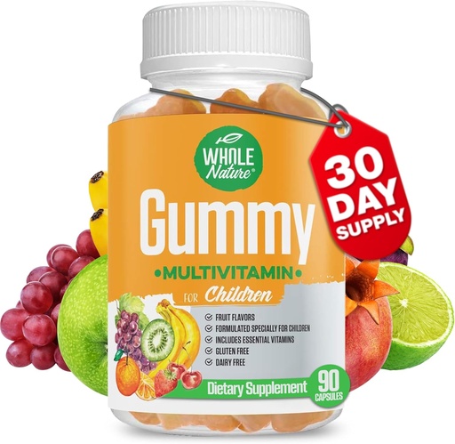 [BRSWGYIOPMIWACI7] Kinder Gummy Multivitamin - Komplette tägliche Essentials Kinder Vitamine und Mineralstoffe für Gesamt-Wellness, 90 Gummies. Obst Geschmack, kein künstlicher Zucker, Milch und Gluten frei