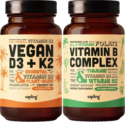 [BRSROBQFB4HAO3DZ] sapling Vegan Vitamin D3 + K2 & Vitamin B Complex Bundle - 4000 IU Vitamin D3 and 100mcg Vitamin K2 as Mk7, Essential B Vitamins with Whole Food Blend, B1, B2, B3, B5, B6, B7, Folate