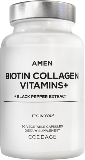 [BRSROYAOBAPRMD3G] Amen Biotin Collagen Vitamiinit+ 10 000 mikrog Biotin täydennysosa - Hydrolysoitu kollageeni, C & E-vitamiini, Folaatti, hyaluronihappo, Keratin, MSM, Saw Palmetto - 3-kuukautinen toimitus - ei-GMO - 90 kapselia