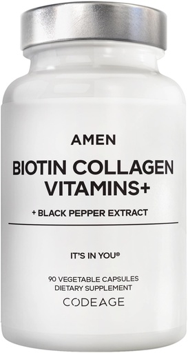 [BRSROYAOBAPRMD3G] Amen Biotin Collagen Vitamins+ 10,000 mcg Biotin Supplement - Hydrolyzed Collagen, Vitamins C & E, Folate, Hyaluronic Acid, Keratin, MSM, Saw Palmetto - 3-Month Supply - Non-GMO - 90 Capsules