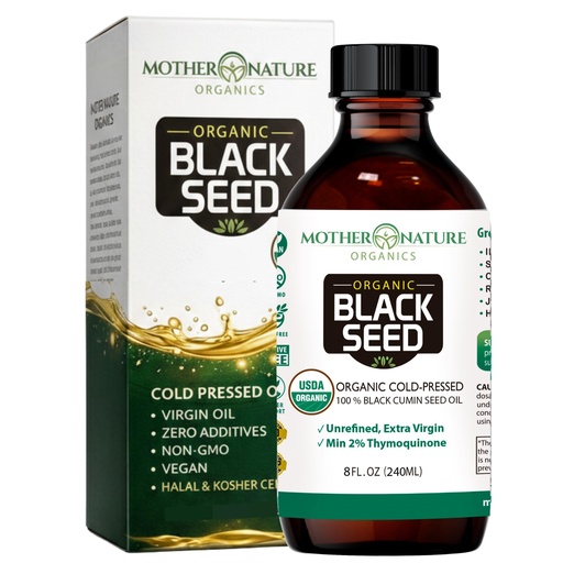 [BRSWGYI3BYBAGALX] Mother Nature USDA Organic Black Seed Oil, High TQ 2%, Cold Pressed, Unrefined Nigella Sativa, Omega 3 6 9 for Immune, Joint & Heart Support, Hair & Skin, Non-GMO, Glass Bottle (8oz)