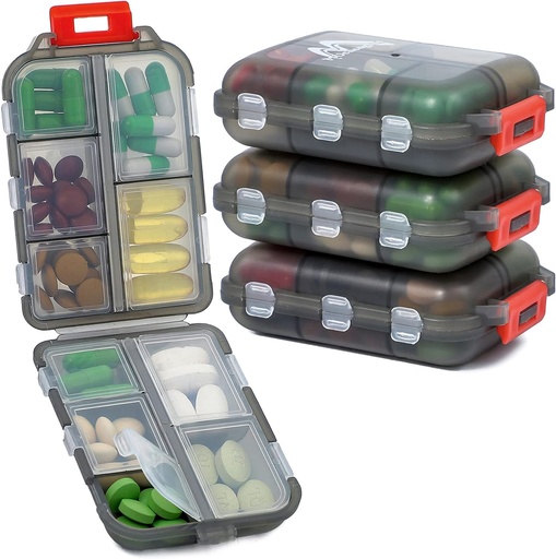 [BRSRMCD2A56WMDLB] 4PS Travel Pill Organizer с 164 Slice Labels, 10 Compartments Travel Pill Box Portable Folding Small Pill Case Daily Pill Container Used for Carry Storage Medicine Organizer by M MUchengbao (Grey)