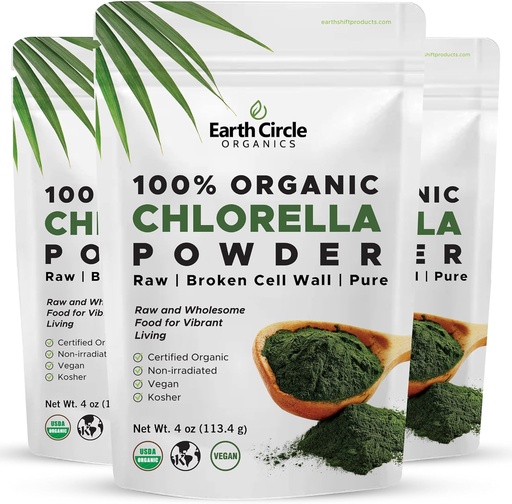 [BRSW2YYNOB4AGDI3] Earth Circle Organics Organic Chlorella Powder Superfood | Kosher | Broken Cell Wall Chlorophyll, Vegan, Super Green Algae, Clean Chlorella, High in Protein, Fiber & Amino Acids - 4oz (3 Pack)