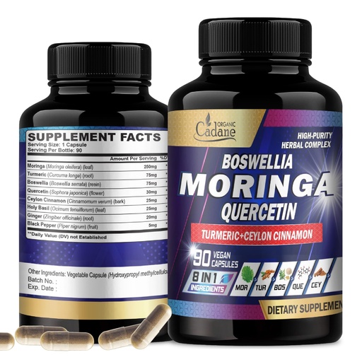 [BRSRAALQBYFGCALA] Organic Cadane Moringa Leaf with Turmeric, Boswellia, Quercetin, Ceylon Cinnamon, Holy Basil, Ginger, and Black Pepper - 8in1 Supplements - 90 Veggie Capsules for 3-Month Supply