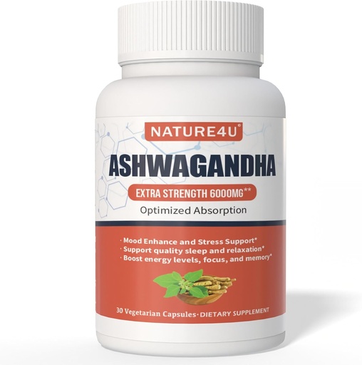 [BRSRAA37CMCWCCT2] Ashwagandha 6000mg Maximum Strength, Optimized Absorption with Black Pepper and Ginger Root, Natural Adaptogen Mood & Stress Support, Sleep & Energy Support, 30 Vegan Capsules 1 Month