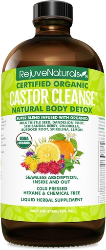 [BRSRAEIFOUCGOEL7] RejuveNaturals Castor Cleanse™ - USDA Organic Castor Oil, Chlorella, Spirulina, Roots & Greens for Wellness, Digestive Support, Daily Balance. 3-Month Supply Gut Cleanse Detox for Women & Men - 16oz.