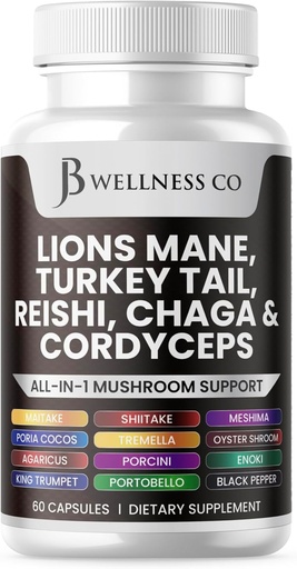 [BRSRAYIOAAMQM3LU] Lions Mane Supplément soutien cognitif, santé immunitaire avec la dinde Tail 20in1 Champignon Reishi Cordyceps Chaga avec Marshmallow Root 60 Comte