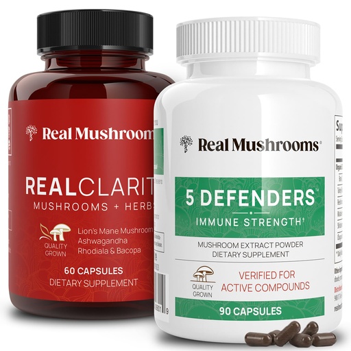 [BRSW2AD6CIMR6YAY] Real Mushrooms RealClarity (60ct) and 5 Defenders (90ct) Capsules Bundle - Mushroom Supplement for Mental Clarity, Focus & Immune Strength - Vegan, Non-GMO, Verified Levels of Beta-Glucans