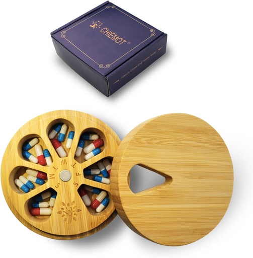 [BRSROGQ6ORYBU2DH] Bamboo Wood Weekly Pill Organizer for Medicine Vitamin Supplement, Arthritis Friendly 7-Day Pill Box Medium Container Holder, Daily Portable Travel Pill Case Keeper Dispenser