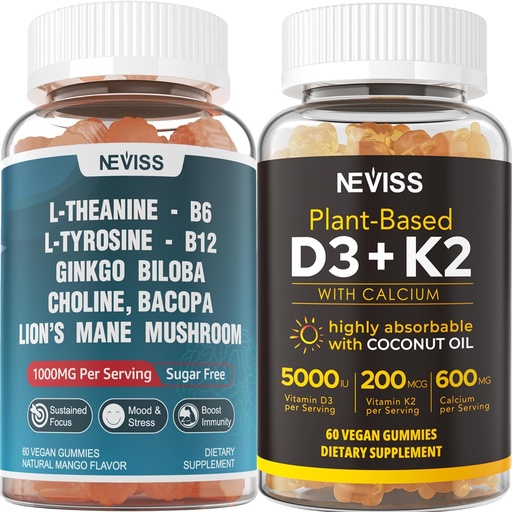 [BRSRAYI5PICAGA3J] NEVISS Цукор Безкоштовно L-Tyrosine L-Theanine Gummies 120 Counts + Цукор Безкоштовно D3 5000IU K2 Gummies 120 Counts