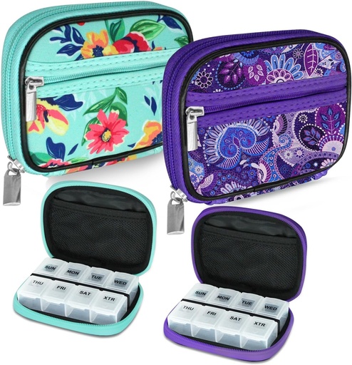 [BRSROGQQBFYGGDQ7] Serfeymi Weekly Travel Pill Organizer Pill Case for Purse with Removable 7 Day Pill Box, Fashionable Travel Medicine Organizer Pill Container for Medicine, Vitamin, Supplement - Green 01 + Purple 01