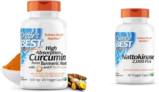 [BRSROBQFDIARSGQ6] Doctor's BEST DRB-00107 High Absorption Curcumin from Turmeric Root with C3 Complex & BioPerine 500mg & Nattokinase - 2, 000 FU of Enzyme, Supports Heart Health & Circulatory & Normal Blood
