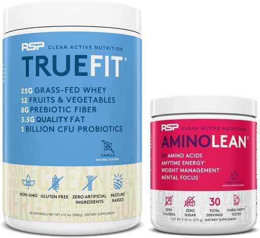 [BRSWYGQ2BECROCTH] RSP NUTRITION AminoLean Pre 운동 에너지 (Fruit Punch 30 서빙) TrueFit Protein Powder (Vanilla 2 LB)
