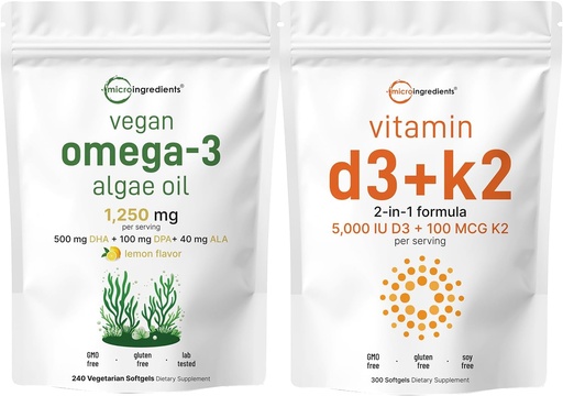 [BRSRAAT2AR6BYFYV] Micro Ingredients D3 vitamīns 5000iu + K2 100mcg Softgels & Vegan Omega 3 Aļģu eļļa Papildinājums Bundle 2 Iepakojums • Essential Sunshine Vitamīni