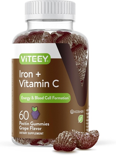 [BRSW2GICDEJQKC3K] Viteey Iron Gummies - Iron with Vitamin C - Energy, Bood Support and Anemia Supplement for Women & Men - Vegan, Gluten Free - 60 Count