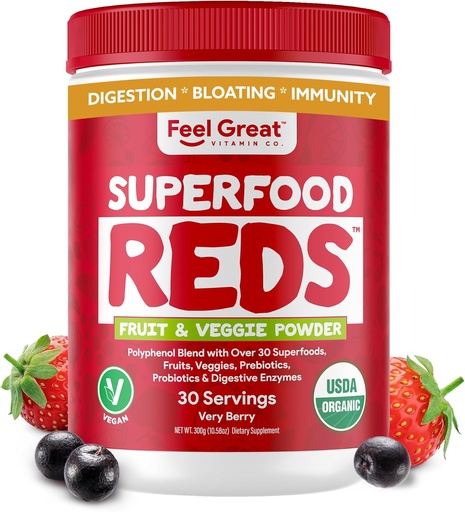 [BRSWKEL5AUJRM2LO] ​Feel Great Organic Superfood Reds Powder Packed with Beet Root Powder | Digestive Support Including Bloating Relief | Fruit and Veggie Polyphenols Supplement.