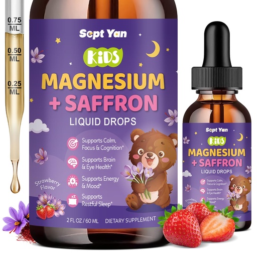 [BRSROCYBOEPGMDYZ] Magnesium Saffron Liquid Drops for Kids, Magnesium Glycinate Liquid with Saffron, L-Theanine, Vitamin B & C for Nerve, Sleep, Muscle, Calm & Relaxation, Sugar-Free,Strawberry Flavor, 2 Fl Oz