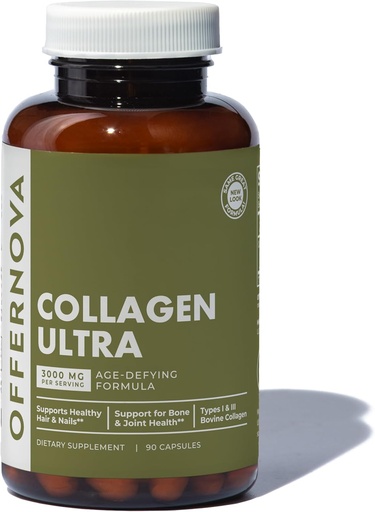 [BRSWKHAICABBE2DL] Offernova Collagen Ultra Hidrolyzed Collagen Suplementos - 3000mg Anti Aging Bovine Collagen Peptides para juntas saludables, huesos, cabello y piel. Pastilla de Colageno Hidrolizado, 90 cápsulas