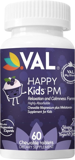 [BRSW2BIRCF7AYFA2] VAL Happy Kids PM | Sleep Support for Kids with Magnesium, Melatonin, Vitamin B6 & C | Sugar-Free Chewable | Blueberry Yogurt Flavor | Non-GMO, Gluten-Free | 60 Tablets | Ages 4+