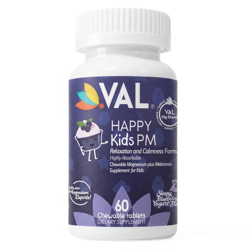 [BRSW2BIRCF7AYFA2] VAL Happy Kids PM | Sleep Support for Kids with Magnesium, Melatonin, Vitamin B6 & C | Sugar-Free Chewable | Blueberry Yogurt Flavor | Non-GMO, Gluten-Free | 60 Tablets | Ages 4+