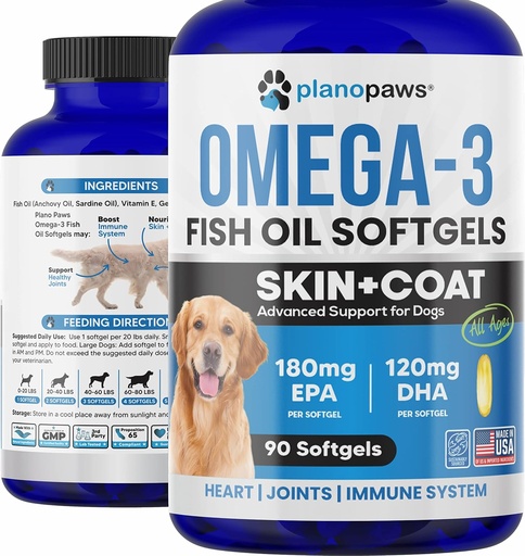 [BRSRMEIFOIHGO23O] Omega 3 Fiskeolje for hunder - lakseolje for hunder - Hunde Fish Oil Supplement kan hjelpe shedding, allergi, kløe relief - støtter tørr hud, ledd - Hunde hud og Coat Supplement - 90 Fish Oil Pills EPA DHA